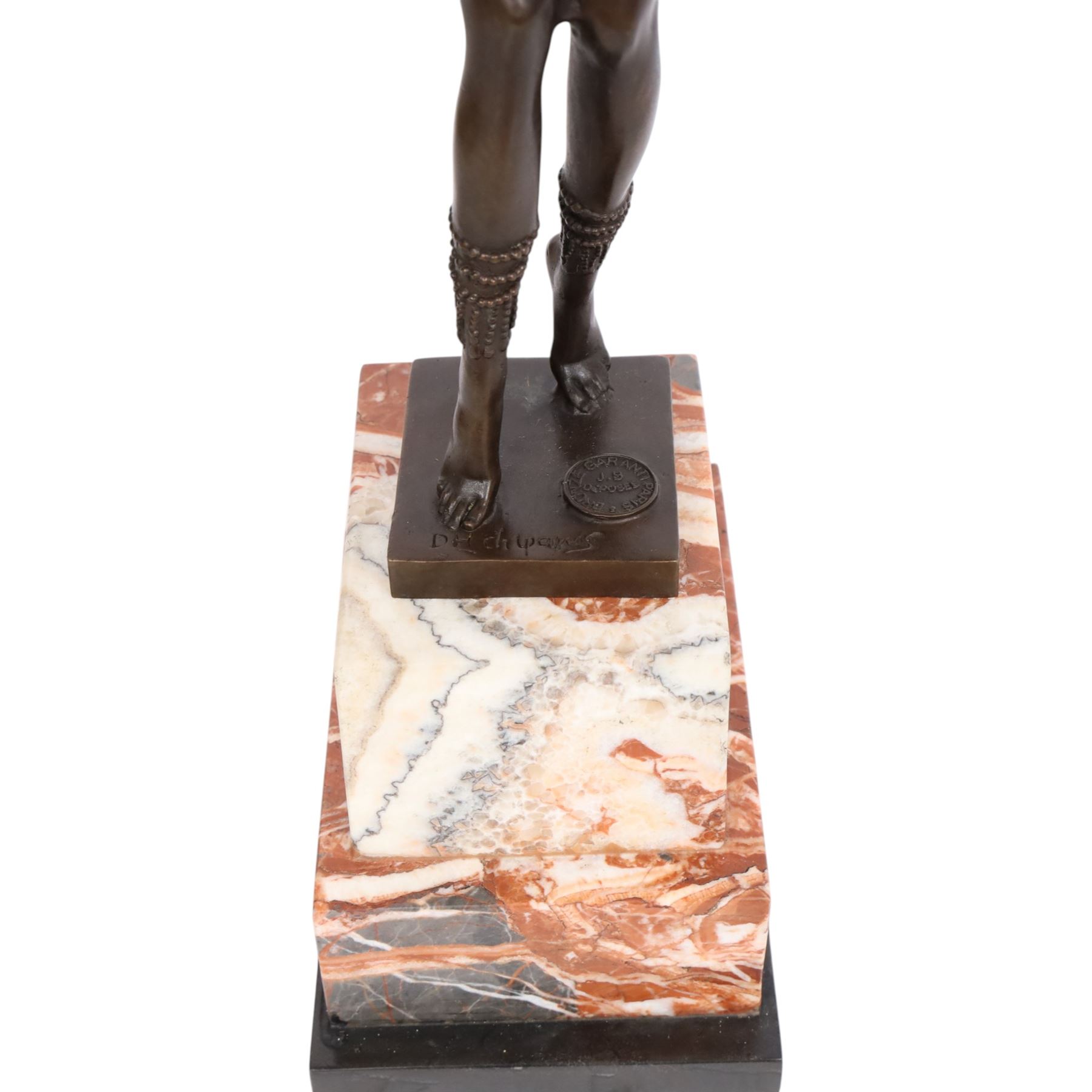 After Demétre Haralamb Chiparus (Romanian 1886-1947): Art Deco style bronze figure modelled as a dancer with outstretched arms, signed to the stepped bronze base and also bearing foundry stamp, upon a tapering marble plinth, overall H49cm
