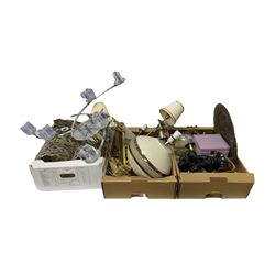 Ceramic table lamp together with quantity of other lamps and light fittings etc, together with quantity of phones, silver plate, pocket watch parts etc in three boxes