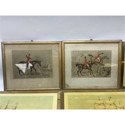 Two framed fox hunting prints, together with four framed ship prints