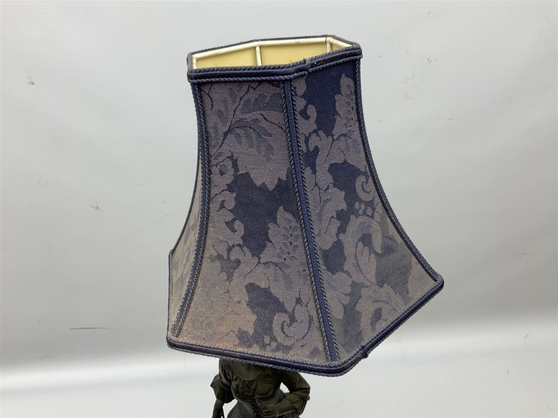 French figural spelter lamp modelled as a lady upon turned stepped