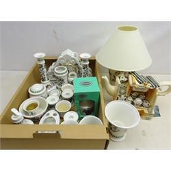  Portmeirion 'Botanic Garden' decorative ceramics including mantle clock, table lamp, candlesticks, novelty 'China Stall Teapot' as new with tag and other ceramics  