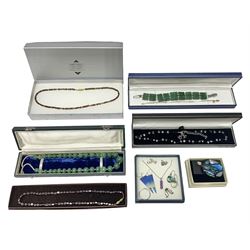 Pair of silver amethyst earrings and matching necklace, together with silver green hardstone bracelet, other silver jewellery and costume jewellery, mostly boxed