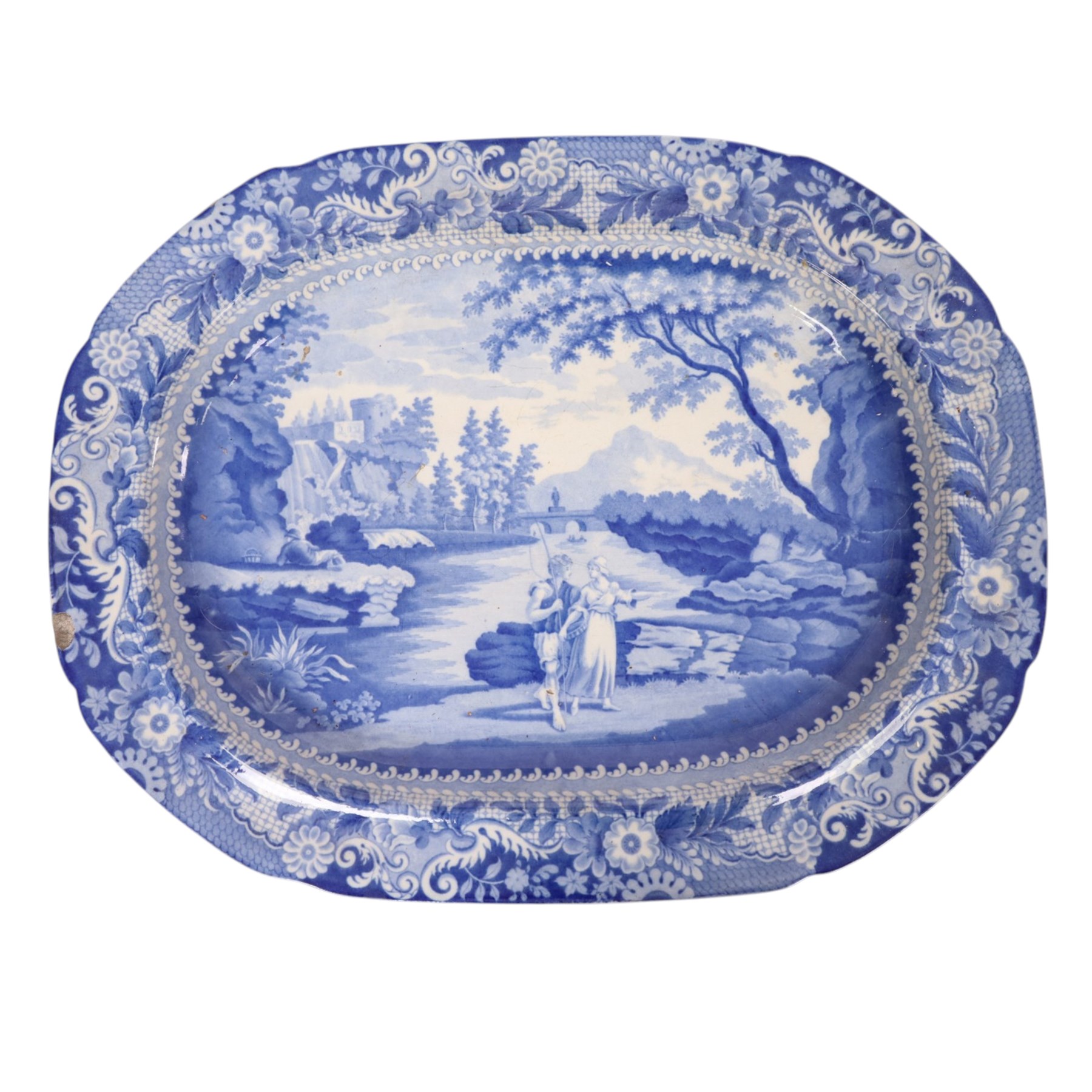 19th Century, Brameld & Co, Castle of Rochefort pattern meat platter, serving dish and three plates, meat platter L49cm, D37cm