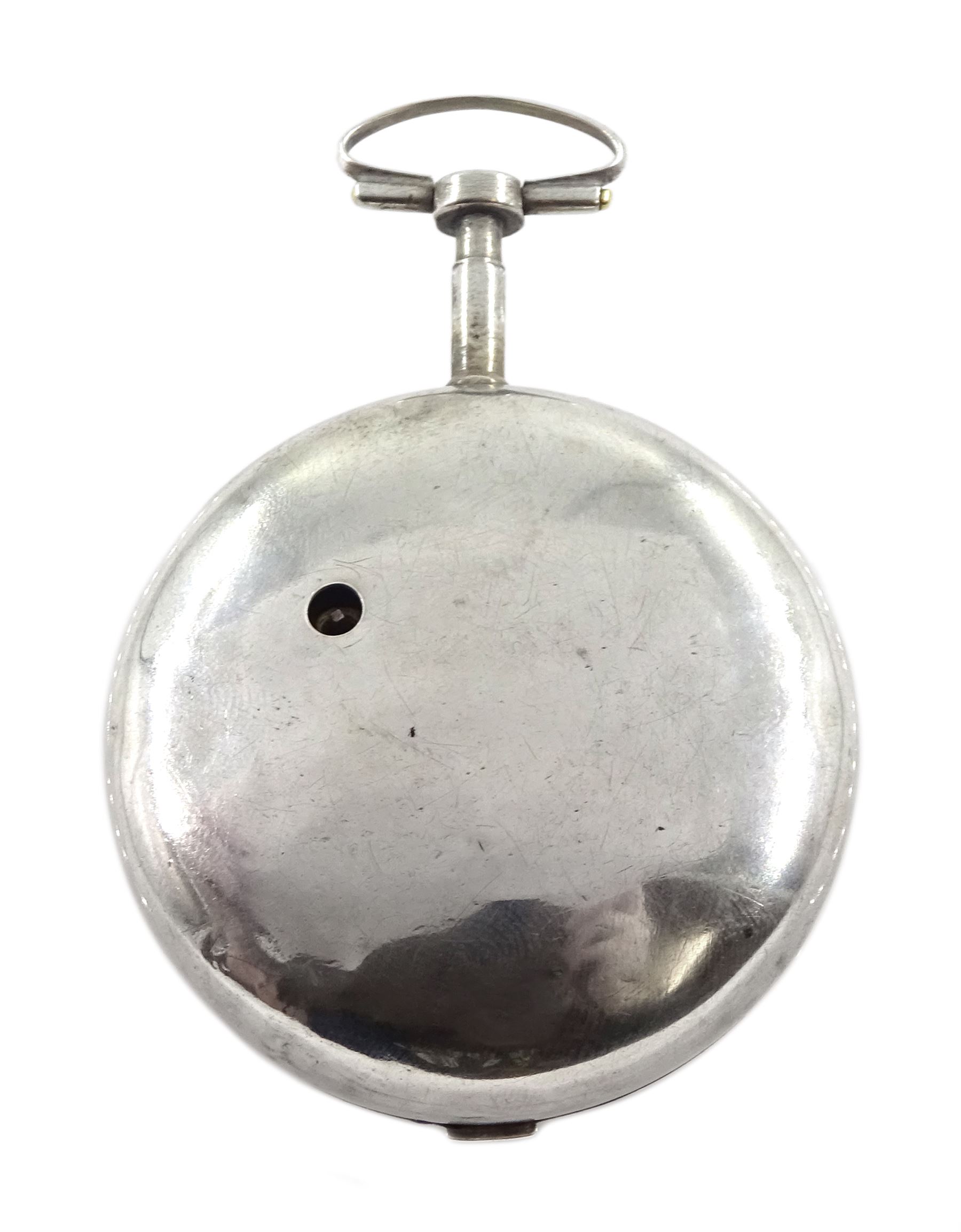 18th century silver and tortoiseshell quadruple cased verge fusee pocket watch by Graham, London, square baluster pillars, pierced and engraved balance cock, signed white enamel dial with Roman numerals and Fleur de Lys decoration, tortoiseshell third outer case with pique work to the borders, in a fitted later white metal fourth case