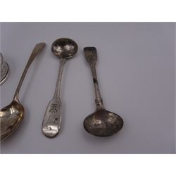 Group of silver, to include pair of Victorian Fiddle pattern sugar tongs, hallmarked London 1840, maker's mark IH , pair of George IV mustard spoons, each with double headed eagle crest, hallmarked John James Whiting, London 1834, George III Scottish silver coffee spoon, hallmarked Robert Gray & Son, Edinburgh 1805, and a single napkin ring with engraved foliate decoration and initials, hallmarked J & R Griffin, Chester 1914