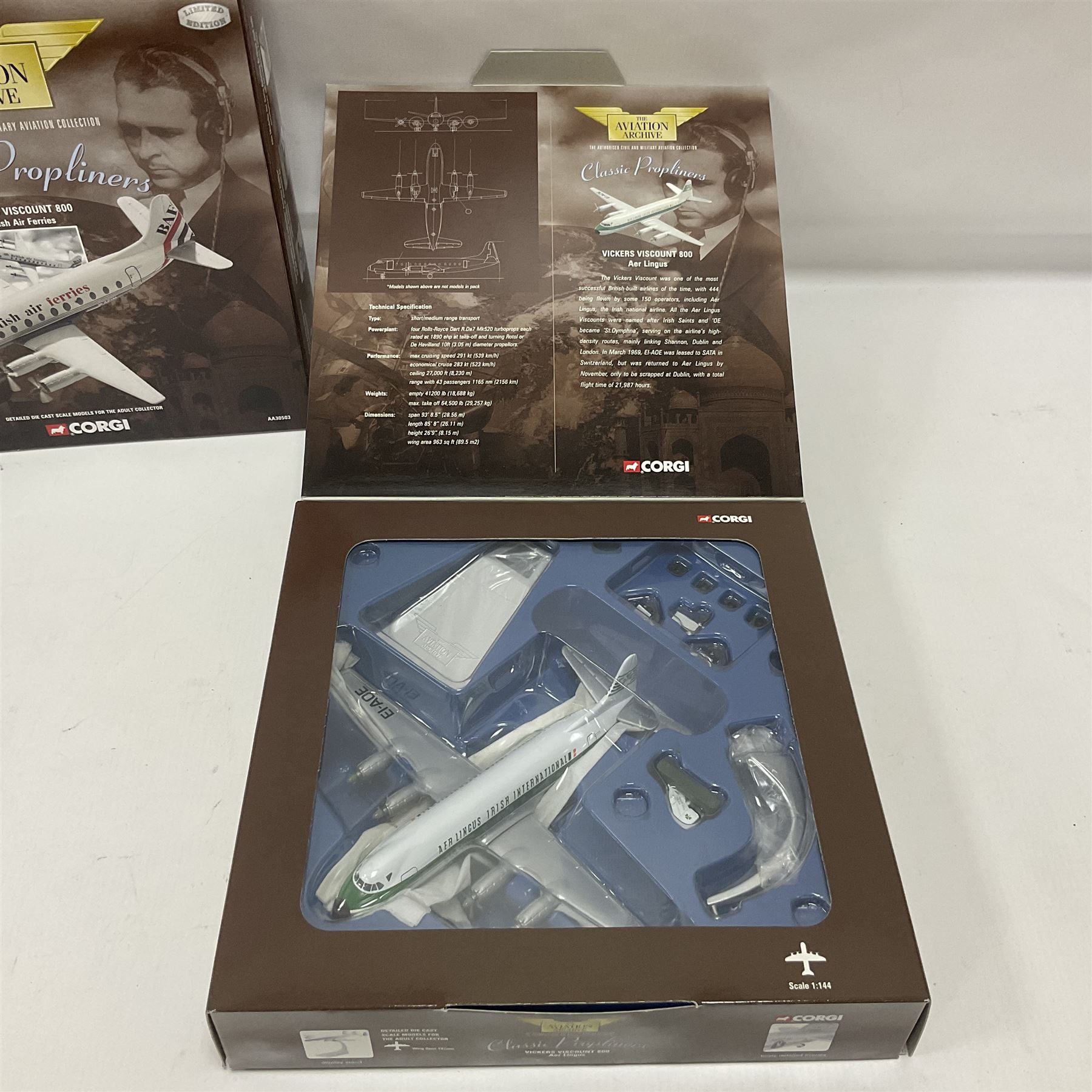 Corgi - Aviation Archive, eleven ‘Classic Propliners’ 1:144 scale models comprising Vickers Viscount models; 47601 700 Series British European Airways; 47602 Parcelforce; 47603 Continental Airlines; 47604 800 Series Lufthansa; 47605 700 Series British Eagle no.391/2900; 47606 806 Virgin Atlantic Airways; 47607 802 British European Airways; 47608 806 British Airways no.985/3000; 47609 836 British Midland Airways no.1530/2500; AA30501 800 Aer Lingus no.651/2100; AA30503 800 British Air Ferries no. 1131/2100; all boxed (11) 