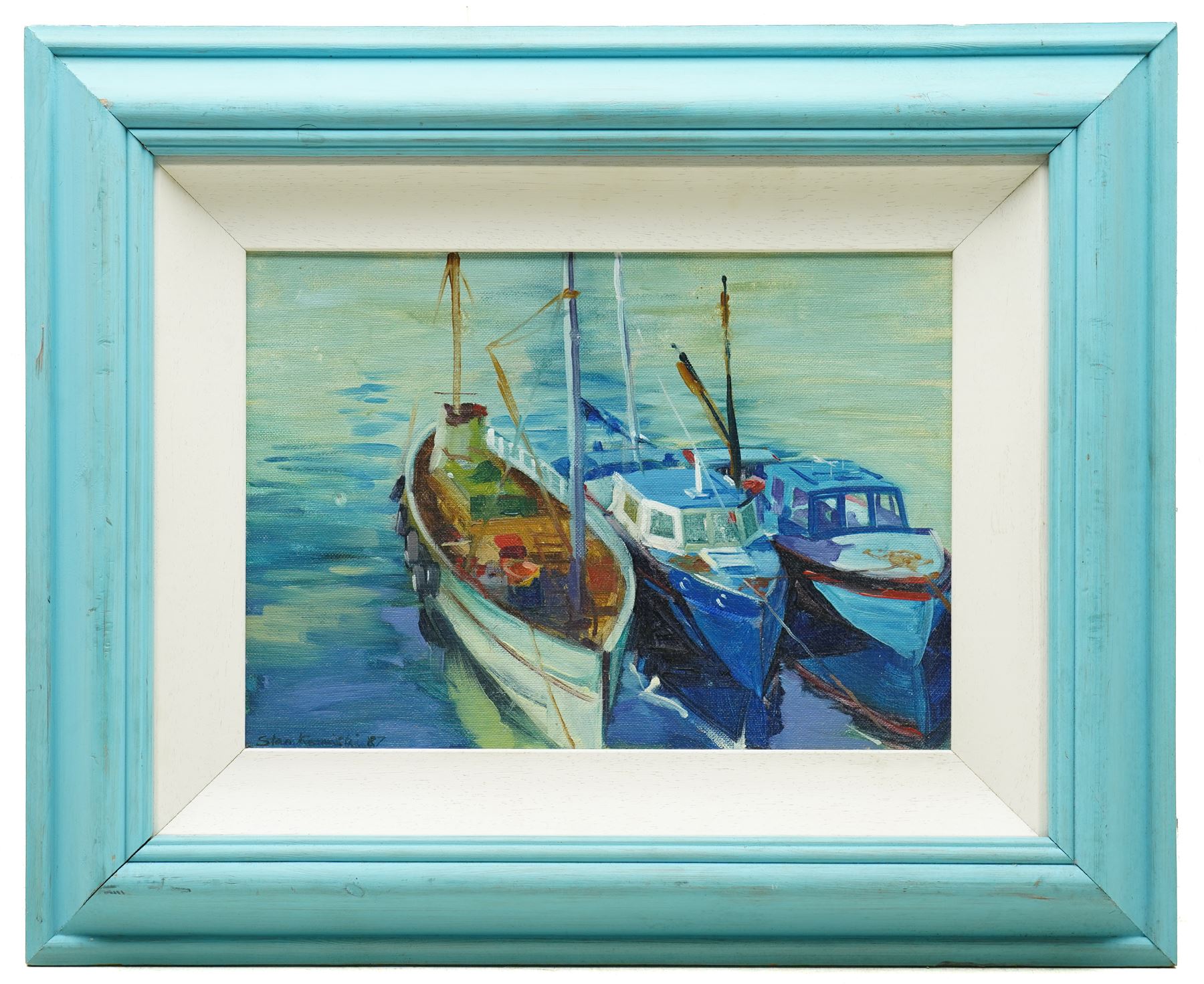Stan Kaminski (British 1952-) 'Fishing Boats - Newlyn', oil on board signed and dated '87, 25cm x 35cm