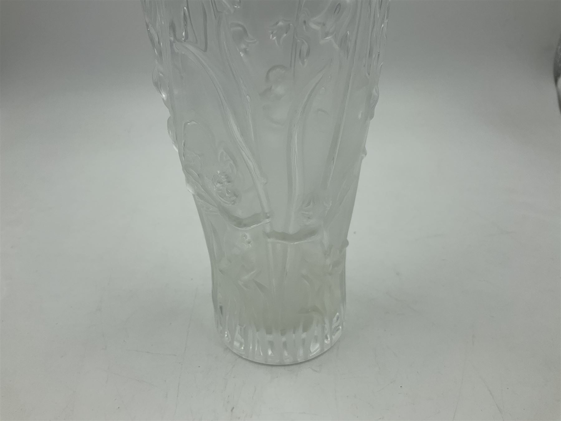Lalique Elves frosted glass vase, moulded with elves playing amongst bluebells, circa 2005, with engraved Lalique France mark beneath, H19.5cm
