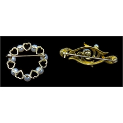  Gold  heart and pearl design circular brooch and gold pearl scroll design brooch, both hallmarked 9ct (2)  