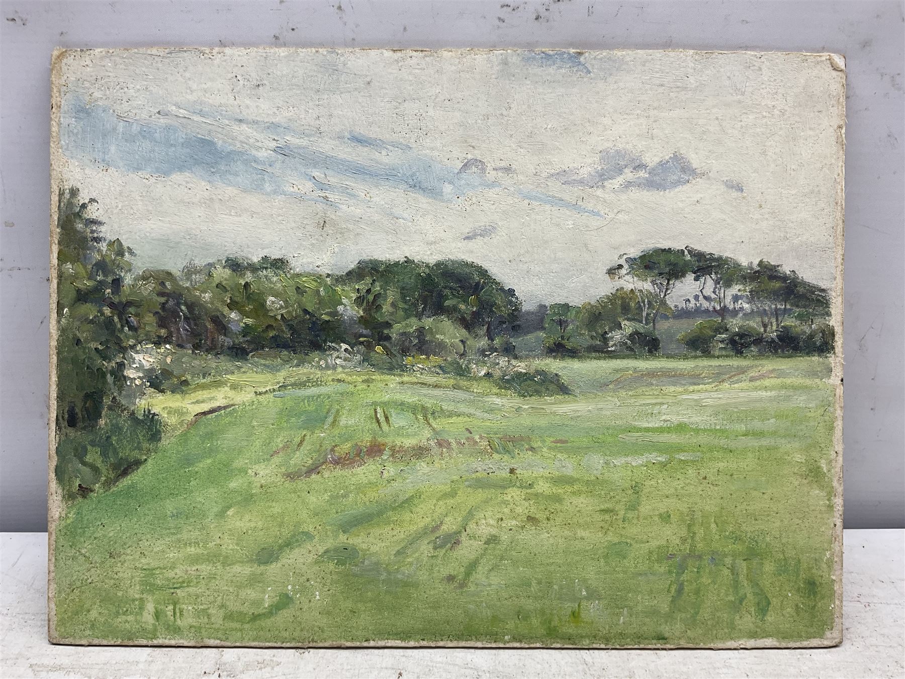Beatrice Langdon (British 1898-1986): Landscape, oil sketch on canvas laid on to board unsigned, attributed verso 27cm x 36cm (unframed)