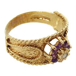 9ct gold amethyst and opal cluster ring, hallmarked