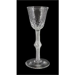 18th century drinking glass, the rounded funnel part honeycomb moulded bowl upon a single series air twist knopped stem and conical foot, H15.5cm