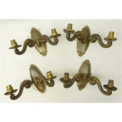 Four brass twin scroll branched electrical wall sconce lights  