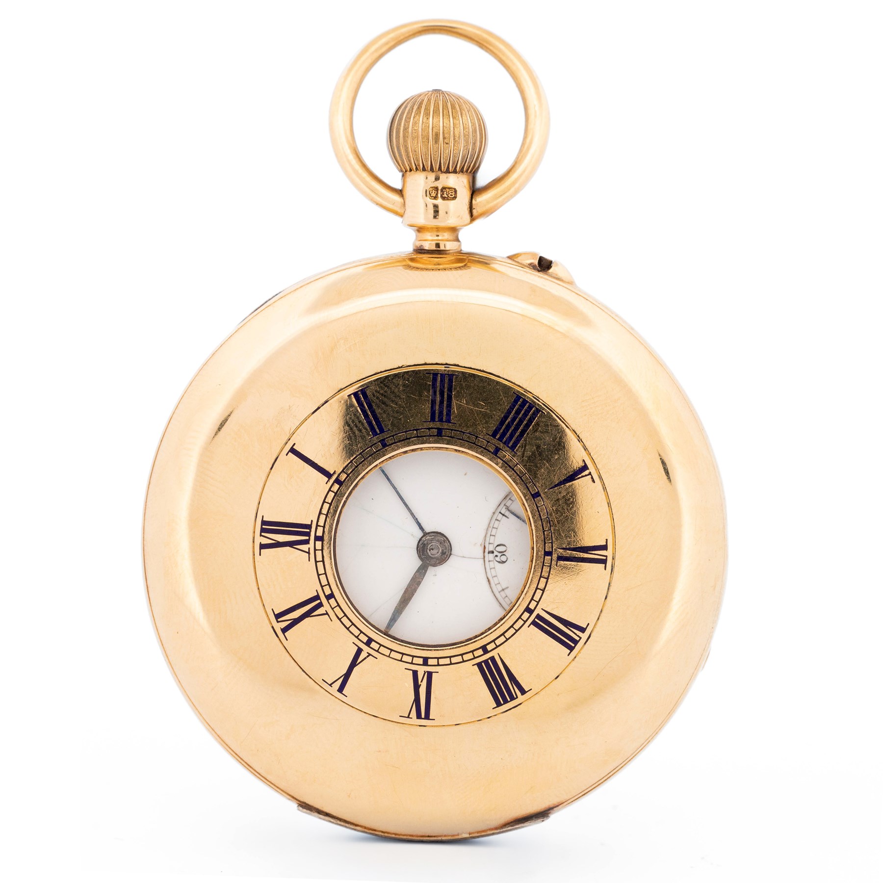 Victorian 18ct gold half hunter keyless lever presentation pocket watch by Lavine Brothers, Johannesburg & London, white enamel dial with Roman numeral hour markers and subsidiary seconds dial, the base case monogrammed with initials, case by Fred Thoms, London 1897