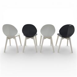 Calligaris - Connubia dining suite, comprising a 'Zeffiro' glass extending dining table and eight 'Academy' chairs, rectangular clear glass top with twin extension leaves extending to 220cm, mounted on white and ochre metal supports with central stretcher, together with eight matching moulded dining chairs with shaped seats and tapered legs