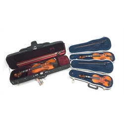 Three modern graduated violins - Suzuki 1/10 size child's violin with 23.5cm single piece back, bears label serial no.94282, 40cm overall; copy of Antonius Sradivarius of Cremona violin dated 1998 with 28cm two-piece back, 47cm overall; and Strobel violin with 35.5cm two-piece back, bears label dated 2006, serial no.512801325, 59cm overall. All cased with bows (3)