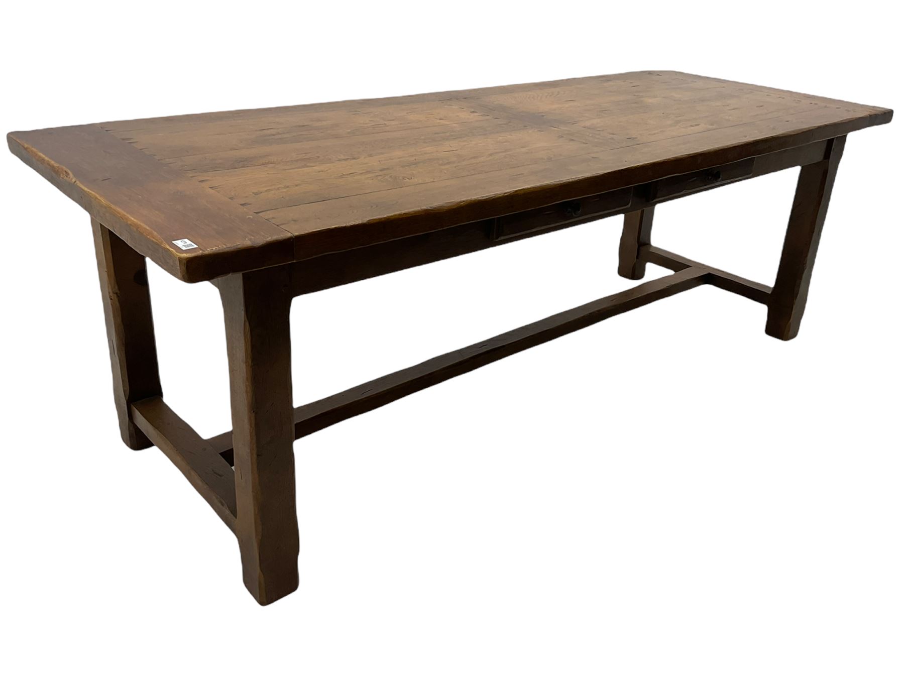Antix French oak dining table with two leaves, two frieze drawers;, and six ladder back chairs with rush seats