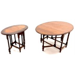 Early 20th century oak barley twist gateleg dining table (W156cm, D105cm, H72cm) and a small oak barley twist table (W90cm, D60cm, H75cm)