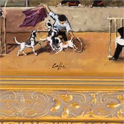 Nino Caffe (Italian 1908/9-1975): Performing Dogs, oil on panel signed, 17cm x 26.5cm
Provenance: authenticated in the Nino Caffe archive dated 1964, copy attached