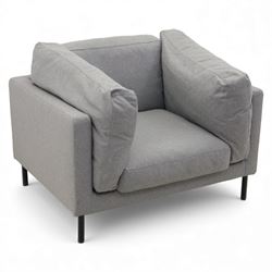 Modern snuggler armchair, upholstered in grey fabric, box-shaped frame with loose back and...