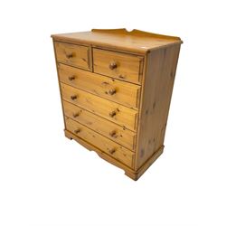 Polished pine chest, raised back, fitted with five drawers, on bracket feet