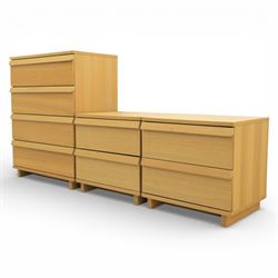 Ikea - 'Oppland' modern oak veneered chest of drawers and a pair of matching bedside chests, with moulded handles across the full width of the drawer, raised on block feet, Bedside tables (H 57cm, D 50cm, W 60cm) 