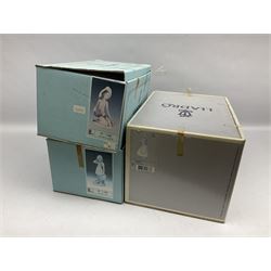 Three Lladro figures, comprising Modern Mother no 5873, Dropping the Flowers no 1285 and On the Beach no 1481, all with original boxes, largest example H30cm