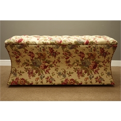  Large rectangular ottoman, concave sides, upholstered in floral fabric with deep buttoned hinged lid, W155cm, H68cm, D64cm  