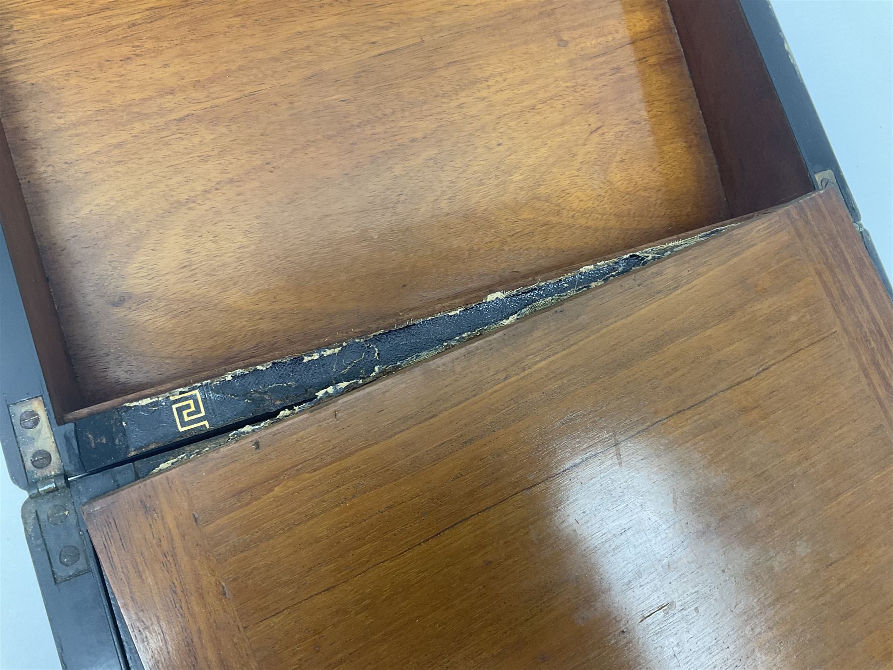 Victorian mahogany writing slope, the brass bound hinged cover opening to reveal tooled leather and gilt interior with two glass inkwells, together with a similar parquetry inlaid writing slope, with central mother of pearl inlay enrgraved 'Sarah', tallest H17cm 