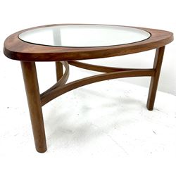 Nathan teak coffee table, inset glass top, turned supports joined by shaped stretchers