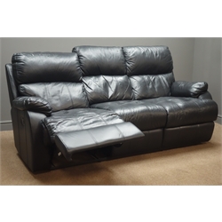  Three seat manual reclining sofa (W200cm), and matching electric reclining armchair upholstered in black leather (This item is PAT tested - 5 day warranty from date of sale)  