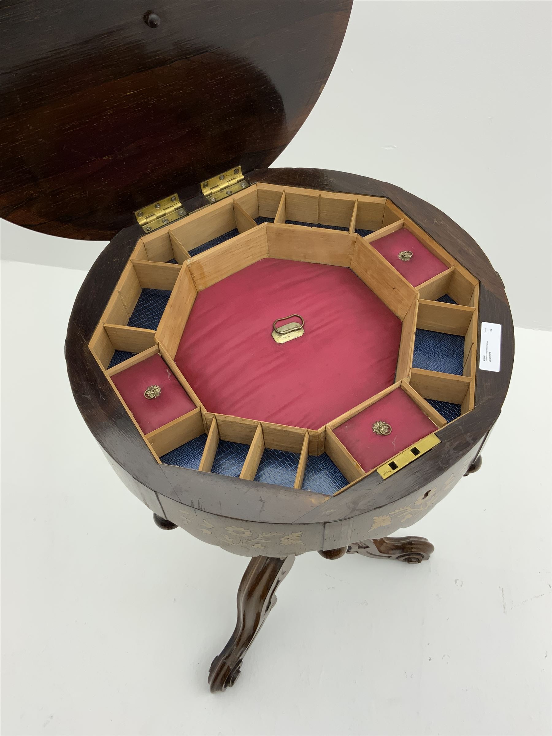 Victorian inlaid rosewood work sewing box, curved trumpet form with circular hinged lid inlaid with warrior woman on horse surrounded by trailing foliate, fitted interior, on scrolled carved splayed supports