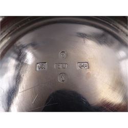 Victorian silver bowl, with embossed floral decoration and beaded rim, gilt interior and two applied shield cartouches, upon stepped circular foot, with a silver apostle spoon, with gilt bowl, both hallmarked George Unite, Birmingham 1883, bowl H5.5cm, within fitted tooled leather, silk lined case