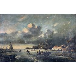 E Van Dam (Dutch late 19th century): Snowy Landscape with Figures and Windmills, oil on canvas signed and dated 1894, 30cm x 45cm