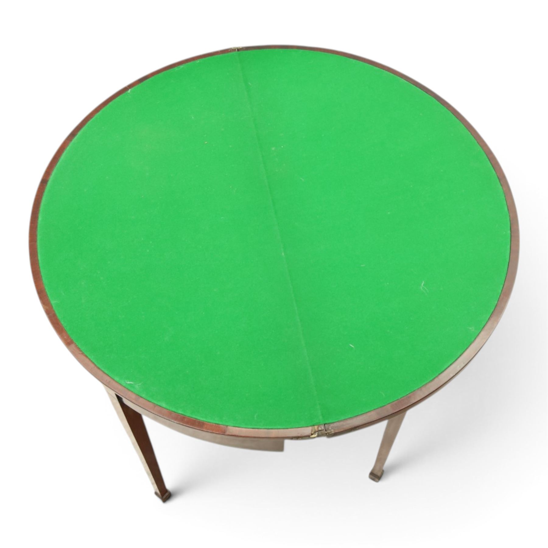 Edwardian mahogany inlaid demi-lune side table, inlaid top with shell motif, green baize interior, with gateleg, raised on square tapering supports terminating in spade feet