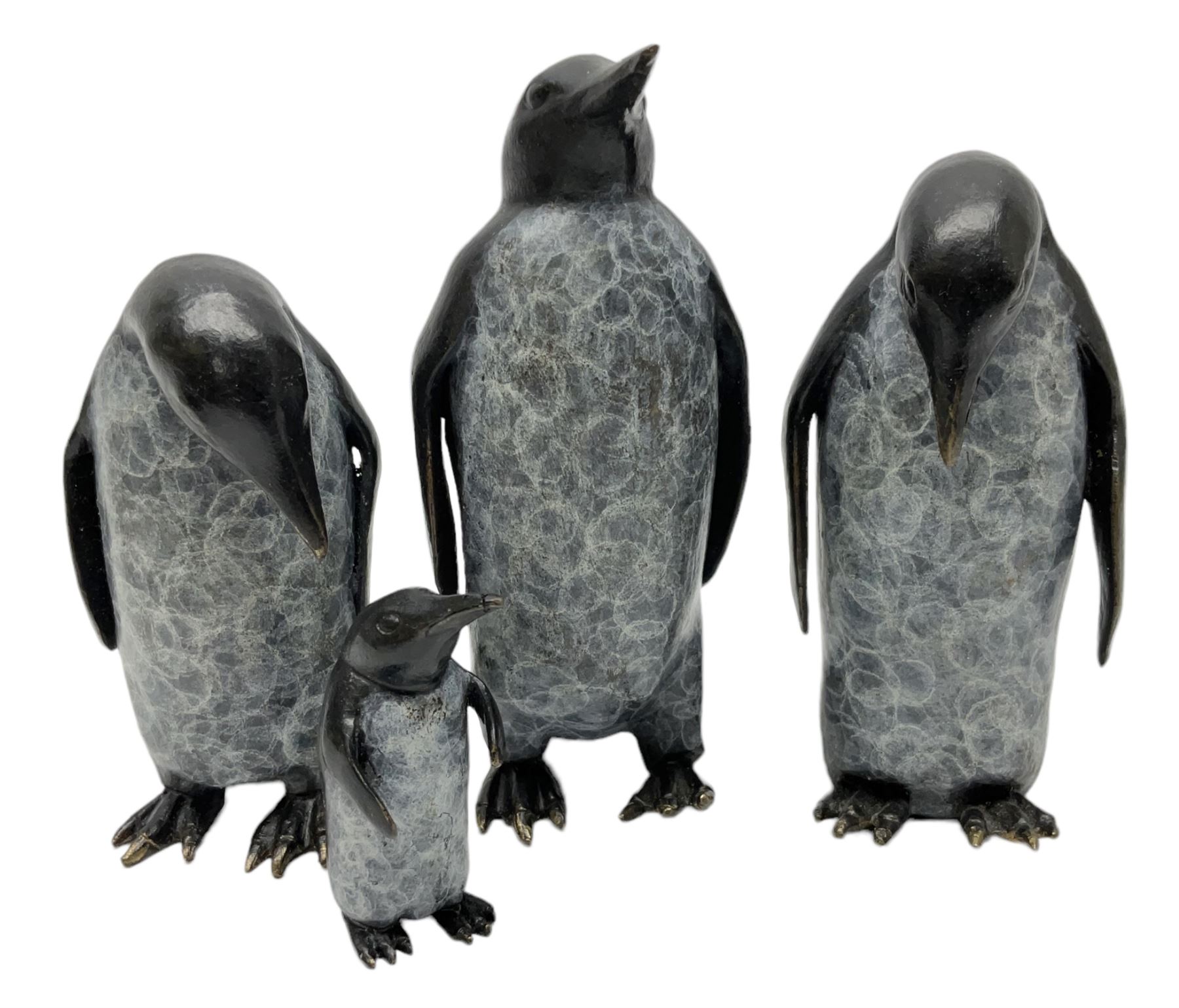 Steve Boss (British 1970-); Bronze figure group of a family of Emperor penguins, entitled Waddle, all with artists monogram beneath, tallest H12cm