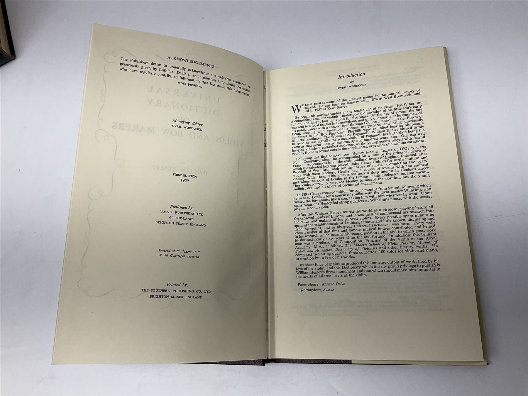 Fourteen books on violins and violin makers including Henley William: Universal Dictionary of Violin and Bow Makers. Five volumes. 1959/60. All first editions with dustjackets; Jalovec Karel: Encyclopaedia of Violin Makers. Two volumes. 1968. Vol.1 with d/j; Heron-Allen Ed.: Violin making As It Was, And Is. Two copies 1984 & 1991. Both with d/j; Henley W.: Antonio Stradivari. 1961; Fetis F.J.: Anthony Stradivari Celebrated Violin Maker. 1964 facsimile edition; Boyden David D.: catalogue of the Hill Collection of Musical Instruments in the Ashmolean Museum. 1979; and two others (14)