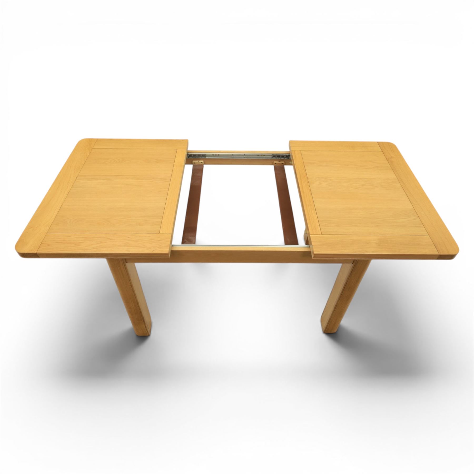 Modern oak extendable table and four chairs, extending top with stowable leaf (Extends to 152cm), chairs with brown upholstery and tapered square legs