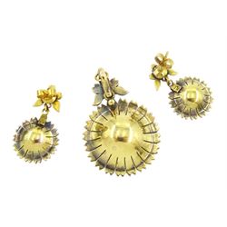 Victorian gold coral and split pearl flower head pendant, with pair of matching stud earrings, in fitted velvet and silk lined box by George Farrer, Tunbridge Wells