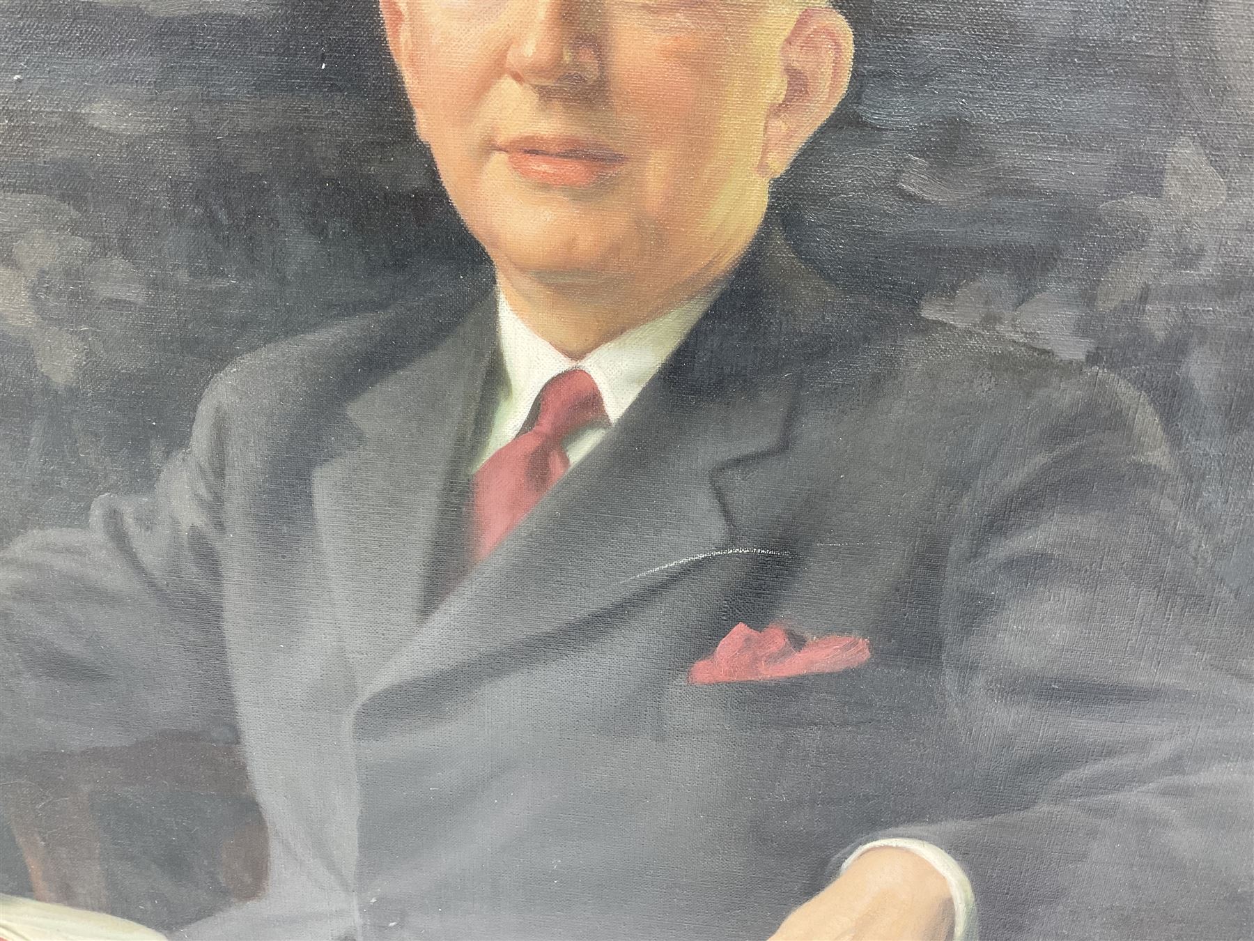 Margaret Lindsay Williams (1888-1960): Three-Quarter Length Portrait of a Gentleman Holding a Book, oil on canvas signed and dated 1955, 129cm x 100cm
Notes: Margaret Lindsay Williams was a notable portrait painter of members of the Royal Family and Politicians