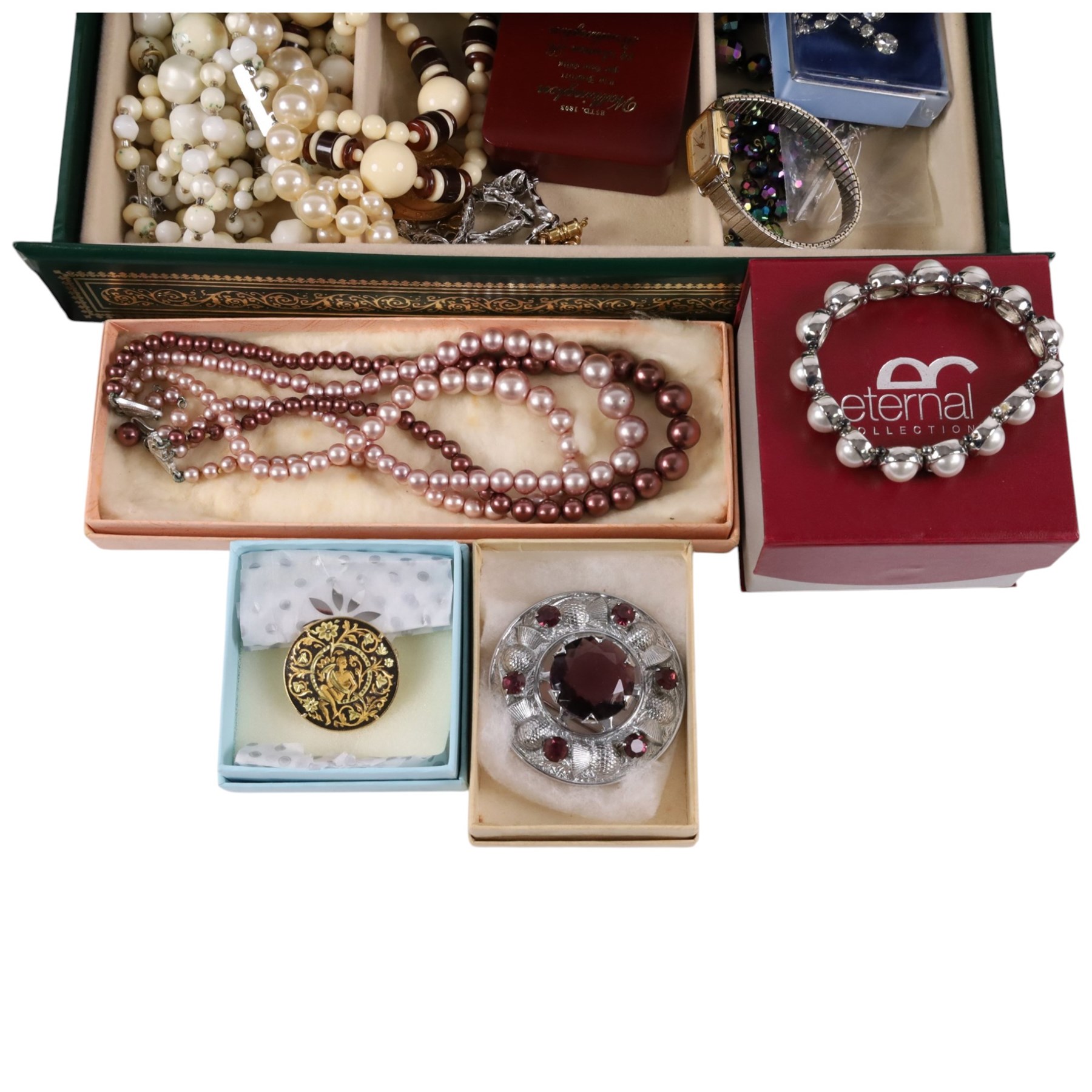 9ct gold t-bar and clip, 9ct gold and silver stone set ring, silver jewellery including brooches, necklaces and ring and a collection of costume jewellery