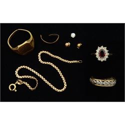 9ct gold jewellery including signet ring, ball stud earrings and bracelet, single cubic zirconia earring, silver and 9ct gold marcasite ring and a silver paste set set ring