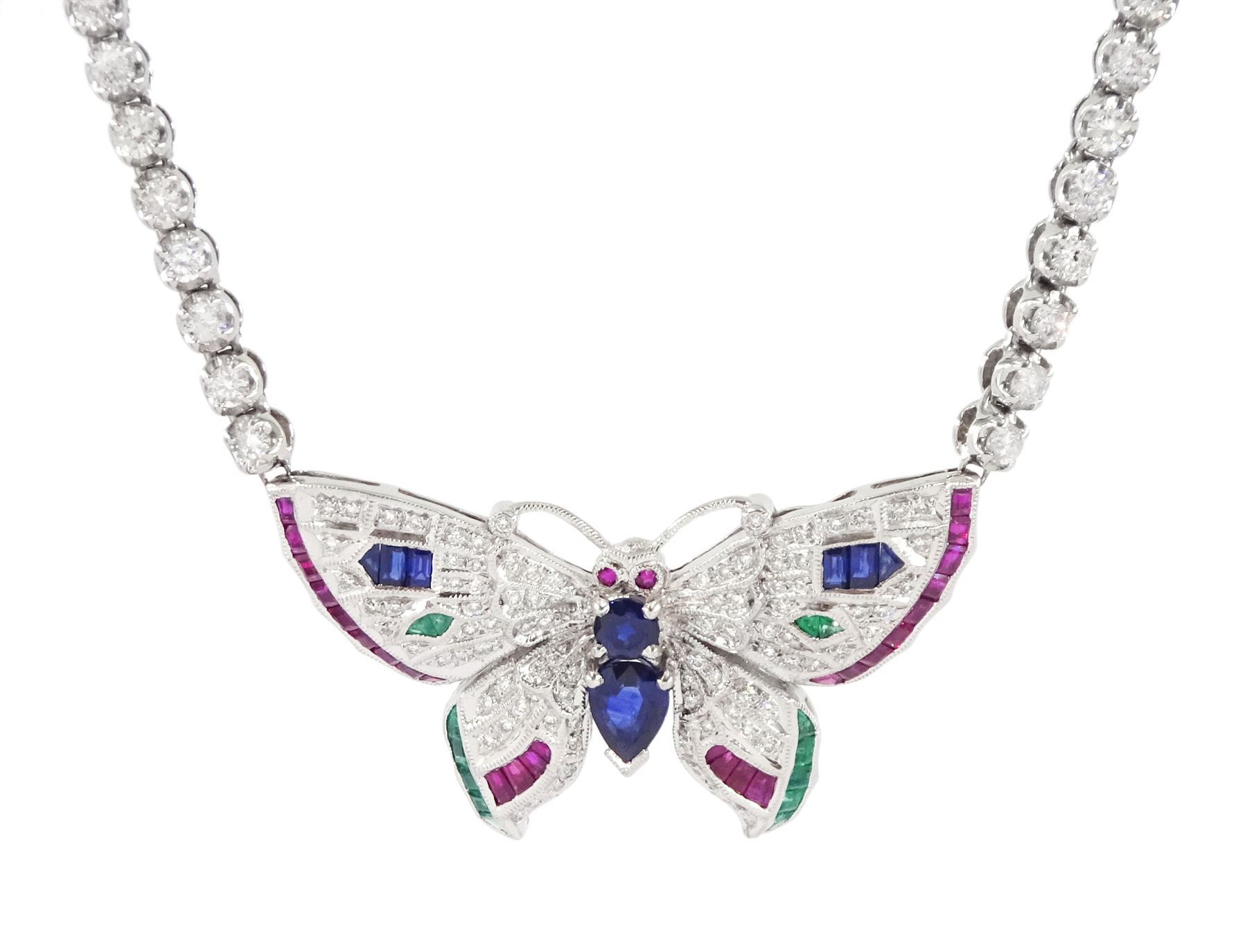 White gold butterfly necklace, the diamond, sapphire, ruby and emerald set butterfly, suspending from a round brilliant cut diamond necklace, stamped 14K, diamond weight approx 6.20 carat