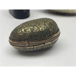 19th century lacquer thimble case with painted portrait of a woman to the hinged lid, together with two mother of pearl egg shaped thimble cases and one other