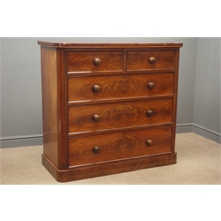  Victorian figured mahogany chest, two short and three long drawers on plinth base, W123cm, H115cm, D54cm  