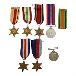 WWII British medals, comprising War medal, Defence medal, 1939-1945 Star, Burma Star, France and Germany Star, Italy Star and Africa Star 1st Army