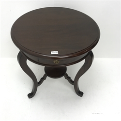 Barker and Stonehouse mahogany occasional table, single draw, three cabriole legs joined by undertier, D61cm, H70cm