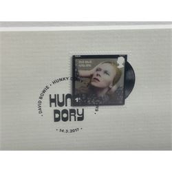 Set of three Royal Mail David Bowie limited edition album stamp prints, comprising  Ziggy Stardust Tour, Hunky Dory and Earthling, all framed and in original packaging, H43cm W43cm