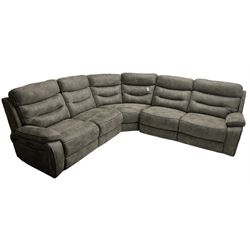 Large contemporary reclining corner sofa, upholstered in gunmetal grey faux suede fabric with black piping