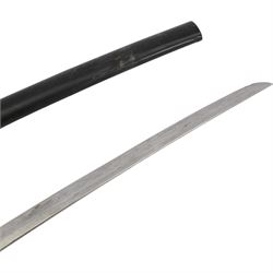Replica Japanese katana with 63cm curved single edged blade in scabbard, overall L93cm, together with dagger with brass handle in a leather scabbard 